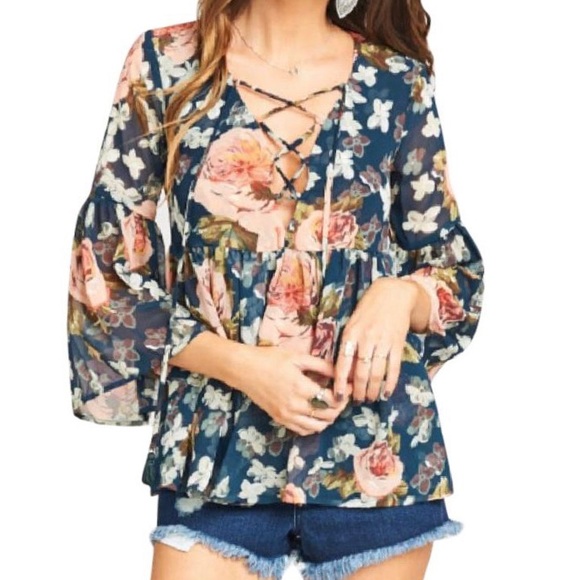 Show Me Your MuMu Tops - Show Me Your Mumu Teal Floral Tie Neck Bell Sleeve Ruffled Peplum Peasant Blouse